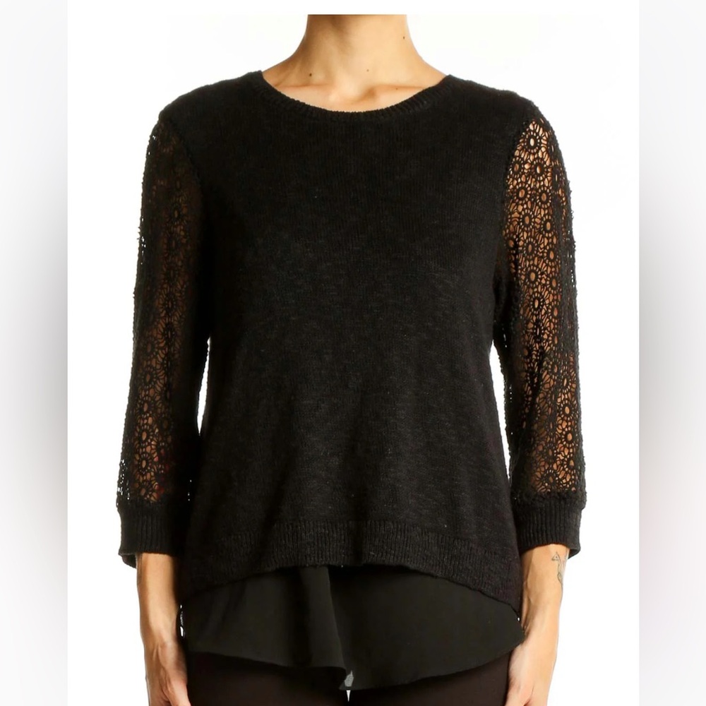 Black Lucky brand sz M Sweater Lace Sleeves chiffon underlay tuck/untucked